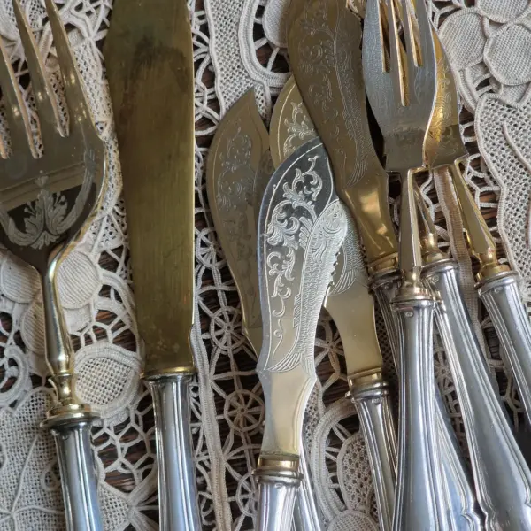 Antique Silver-Plated Fish Cutlery Set for Four with Serving Knife & Fork