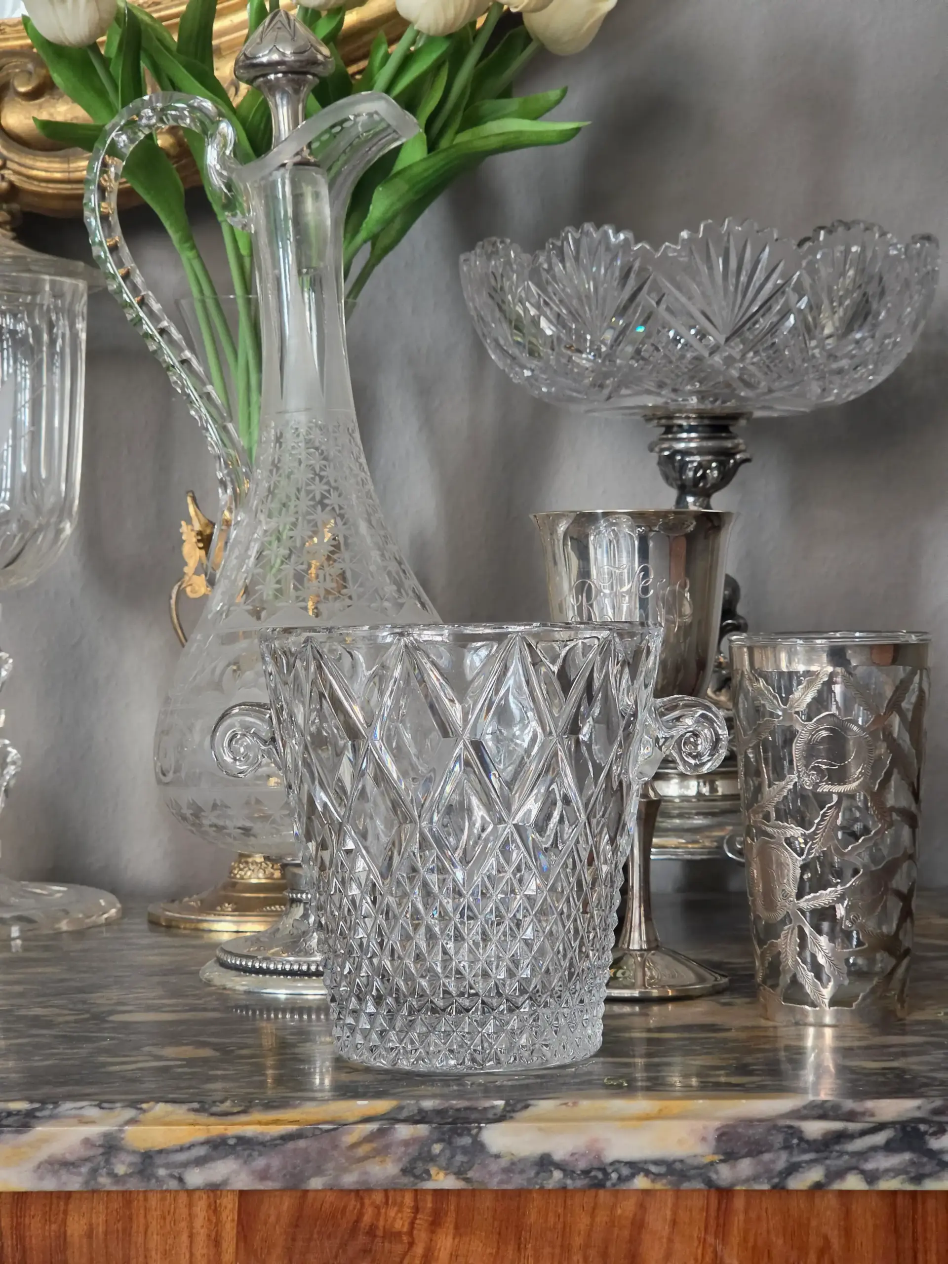 Vintage Glass Ice Bucket with Tongs