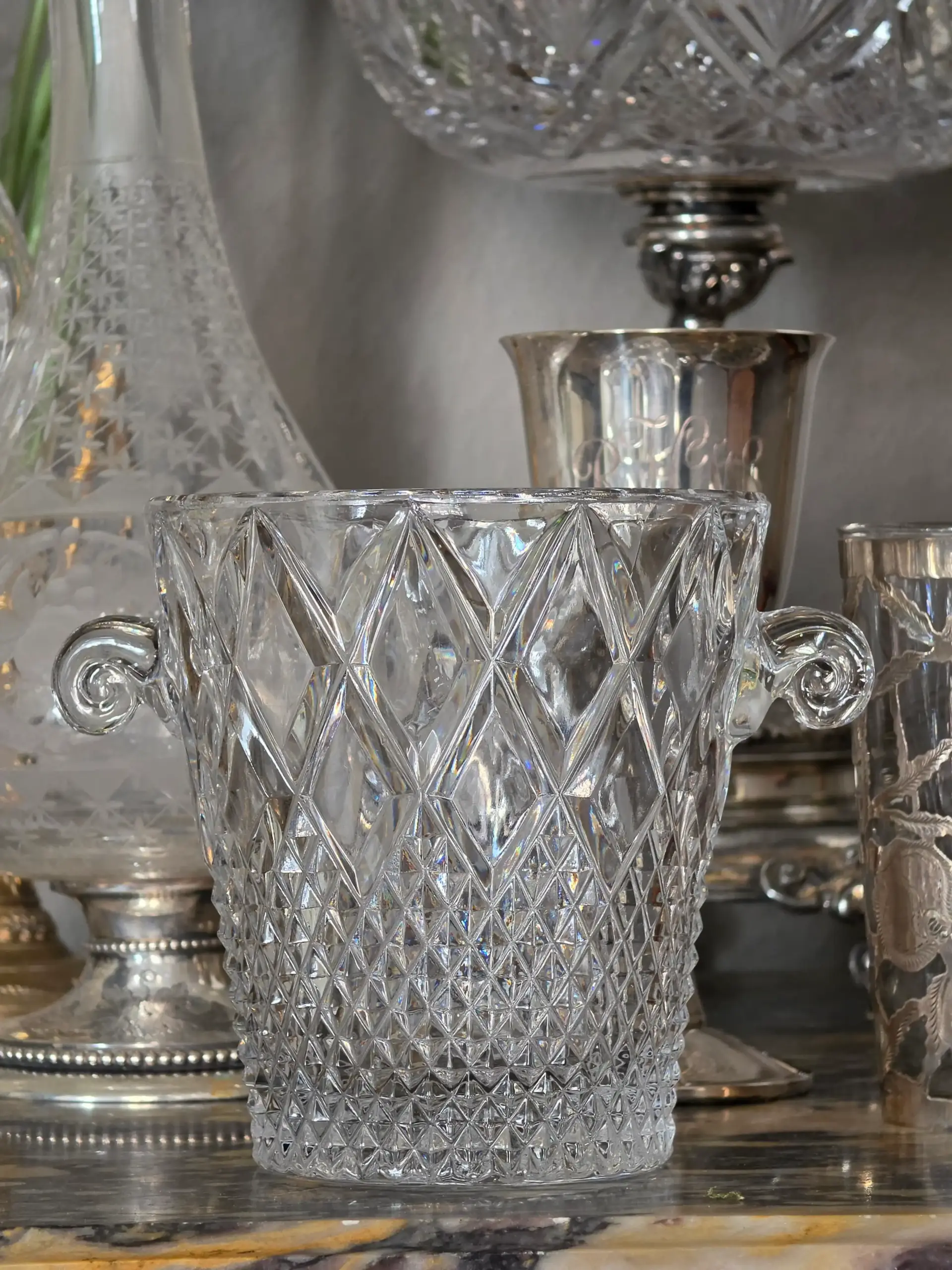 Vintage Glass Ice Bucket with Tongs - Image 2